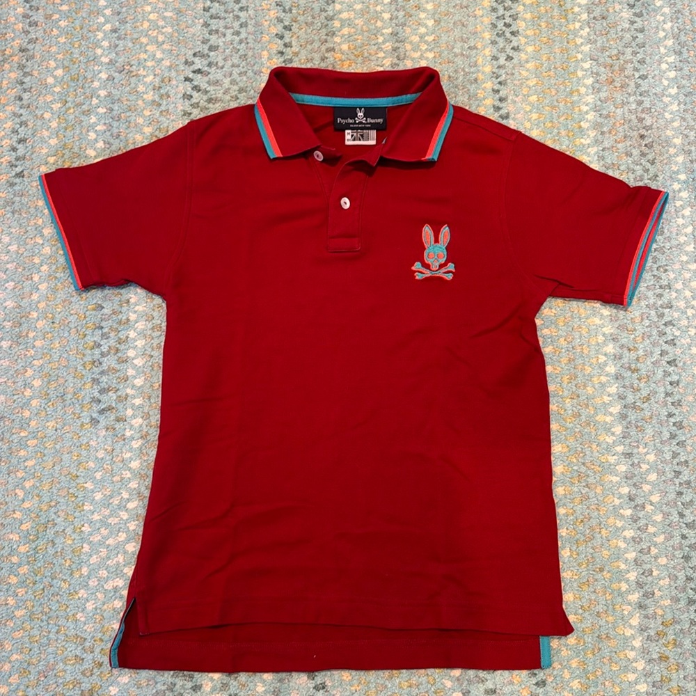 Psycho Bunny Boys Polo Size M (10/12). Wine, Teal, Florescent Salmon colors.